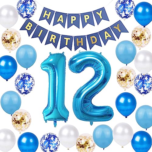 12. Geburtstag Dekoration Junge, Blau Gold Happy Birthday Ballon Nummer 12 Ballon Blau 12. Geburtstag Latex Konfetti Ballon für 12 Jahre Jungen Geburtstagsdeko(12.) von Fechy