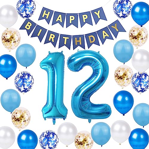 12. Geburtstag Dekoration Junge, Blau Gold Happy Birthday Ballon Nummer 12 Ballon Blau 12. Geburtstag Latex Konfetti Ballon für 10 Jahre Jungen Geburtstagsdeko(12.) von Fechy