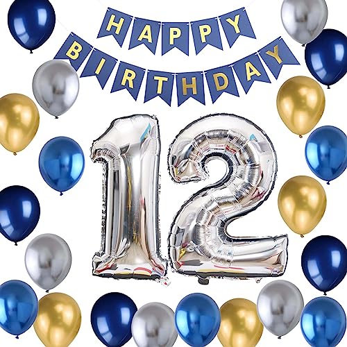 12. Geburtstag Dekoration Junge, Geburtstagsdeko Jungen 12 Jahre, 12. Ballon Metallic Silber Blau Gold Deko, Luftballon 12. Geburtstag Party Deko Junge, 12 Geburtstag Deko(12.) von Fechy