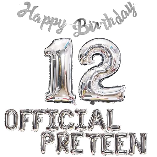 12. Geburtstag Dekorationen für Jungen Mädchen, Offizielle Pre-Teen 12. Geburtstag Ballon Birthday Banner Nummer 12 Geburtstags Folienballons für 12 Jahre Geburtstag Jungen Mädchen (Silber) von Fechy