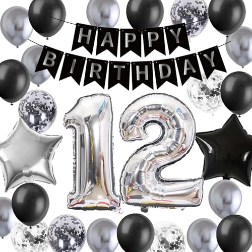 12.Geburtstag Dekoration Junge, Ballon 12. Geburtstagsdeko Silber Schwarz, Luftballon-Set zum 12. Geburtstag für Jungen Mädchen Offizielle Pre-Teen 12 geburtstag Partydekoration (12.) von Fechy