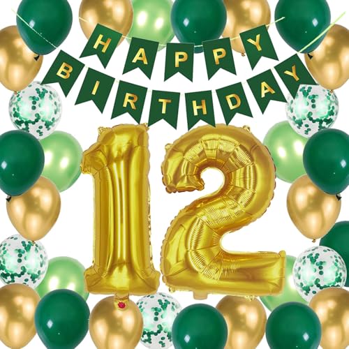 12.Geburtstag Dekoration Junge, Luftballon 12. Geburtstag Grün, Geburtstagsdeko 12 Mädchen, 12. Ballon Metallic Grün Gold Deko, Ballon 12 Geburtstag für 12 Jahre Sohn Junge Ihn 12. (12.) von Fechy