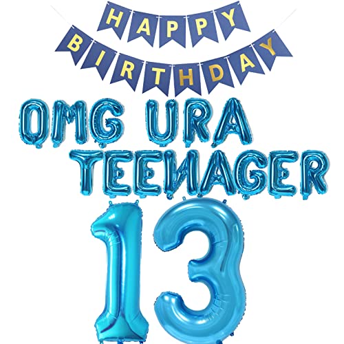 13.Geburtstag Dekorations für Mädchen Jungen, Happy Birthday Banner OMG UR A Teenager Ballons Nummer 13 Geburtstags Folien Ballons für Offizielle Teenager 13 Jahr Geburtstags Deko(Blau) von Fechy