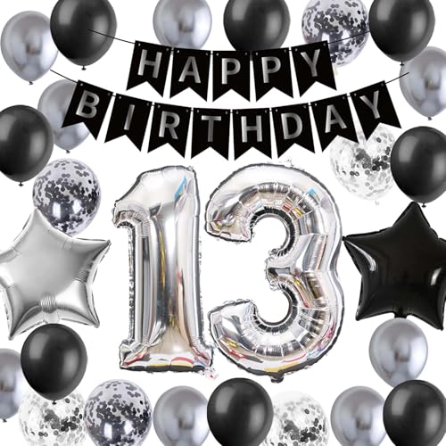13.Geburtstag Dekoration, Luftballon 13. Geburtstag Junge Silber Schwarz Geburtstagsdeko, Geburtstagsdeko 13 Jahr für Junge 13 Jahre Ballondekoration 13. Offizielle Teenager Deko(13.) von Fechy