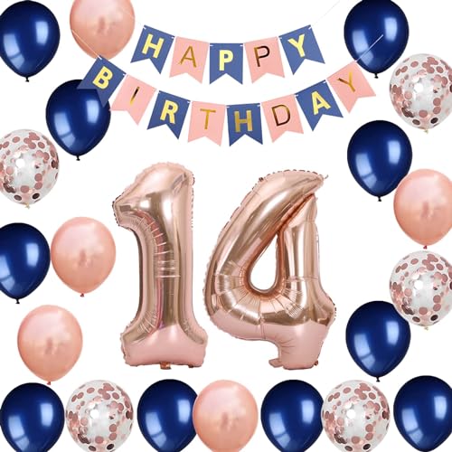 14. Geburtstag Dekoration Mädchen, Luftballon 14. Geburtstag Party Marineblau Rose Gold, 14 Jahr Geburtstagsdeko Mädchen, 14. Ballon Marineblau Rosegold Deko, 14. Geburtstag Deko Mädchen Jungen(14.) von Fechy