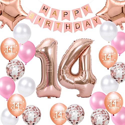 14.Geburtstag Dekorationen Roségold für Mädchen, Happy Birthday Banner Roségold Nummer 14 Geburtstags Ballons Stern Folieballon Konfetti Ballons für 14 Jahr Geburtstags Deko Mädchen von Fechy