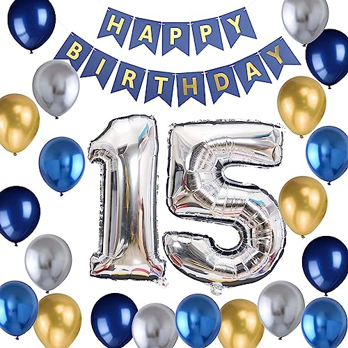 15. Geburtstag Dekoration Junge, Luftballon 15 Geburtstag Blau Junge, 15. Ballon Metallic Silber Blau Gold Deko, Geburtstagsdeko Jungen 15 Jahre, 15 Geburtstag Deko(15.) von Fechy