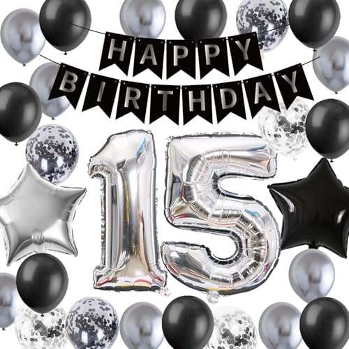 15.Geburtstag Dekoration Junge, 15 Jahre alt Junge Mädchen Ballon Deko, Silber Schwarz Luftballon 15 Geburtstag Party Deko für Ihn Sohn 15 Jahre Alt Zweistellig(15.) von Fechy