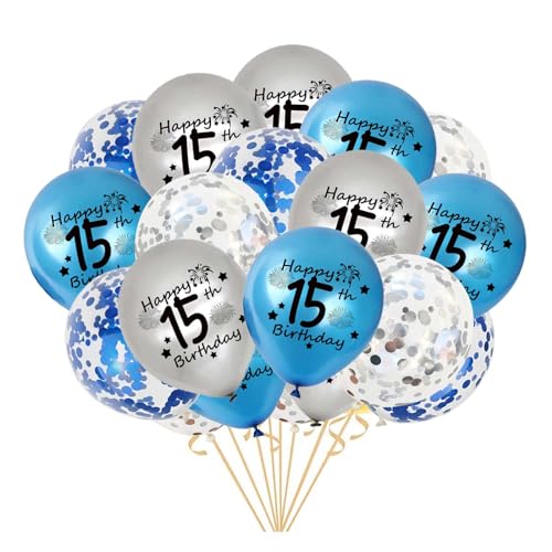 15.Geburtstag Luftballons, 20 Stück Blau Silber Happy 15. Geburtstag Latex Konfetti Ballon Bänder zum Jungen 15 Jahre Geburtstag Deko Jungen(15.) von Fechy