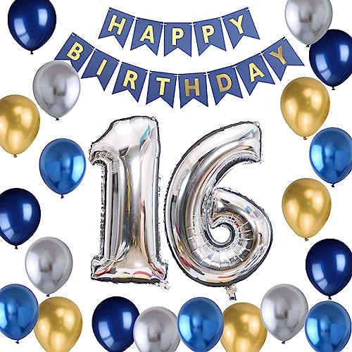 16. Geburtstag Dekoration Junge - Luftballon Blau, Metallic Silber, Gold - Deko Set für 16 Jahre Alte Jungen von Fechy
