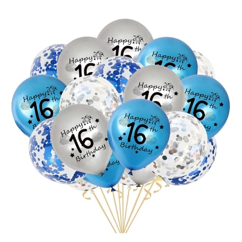 16.Geburtstag Luftballons, 20 Stück Blau Silber Happy 16. Geburtstag Latex Konfetti Ballon Bänder zum Jungen 16 Jahre Geburtstag Deko Jungen(16.) von Fechy