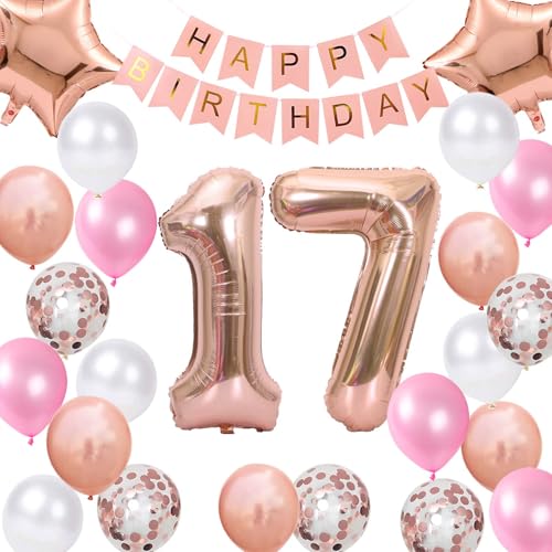 17. Geburtstag Dekorationen Roségold für Mädchen, Happy Birthday Banner Roségold Nummer 17 Geburtstags Ballons Stern Folieballon Konfetti Ballons für 17 Jahr Geburtstags Deko Mädchen von Fechy