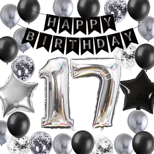 17.Geburtstag Dekoration, 17 Jahre alt Junge Geburtstag Mädchen Ballon Deko, Silber Schwarz Luftballon 17 Geburtstagsdekoration für Ihn Sohn 17 Jahre Alt Zweistellig (17.) von Fechy