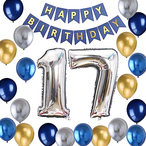 17. Geburtstag Dekoration Junge - Luftballon Blau, Metallic Silber, Gold - Deko Set für 17 Jahre Alte Jungen von Fechy