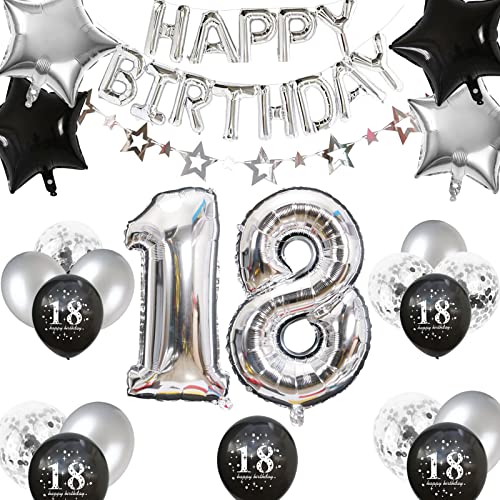 18. Geburtstag Dekorationen Silber Schwarz, Happy 18. Geburtstag Sternbanner Nummer 18 Luftballons Stern Folienballons 18. Geburtstag Konfetti Luftballons für Jungen Mädchen 18. Geburtstag von Fechy