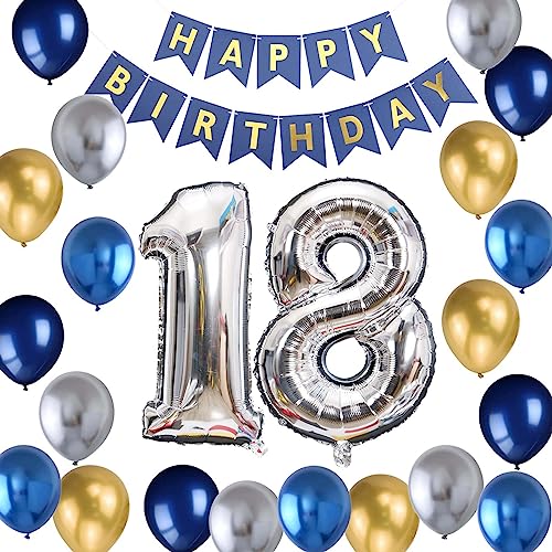 18.Geburtstag Dekoration Junge, Luftballon 18 Geburtstag Blau Junge, 18. Ballon Metallic Silber Blau Gold Deko, Geburtstagsdeko Jungen 18 Jahre, 18 Geburtstag Deko(18.) von Fechy