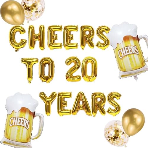 20. Geburtstag Dekoration Set Männer Frauen, Golden Theme Cheers to 20 Jahre Folienballon-Banner, Bierkrug Konfetti Luftballon Deko für 20. Geburtstagsparty Jubiläum oder Jugendabschied(20.) von Fechy