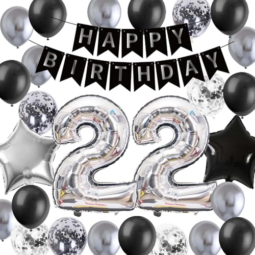 22 Geburtstag Party Dekoration für Männer, Schwarz Silber Geburtstagsbanner Silber Nummer 22 Stern Folienballons Latex Konfetti Ballons für Ihn Männer Freund 22 Jahre alt Geburtstag (22 22 Geburtstag Party Dekoration für Männer, Schwarz Silber Geburtstagsbanner Silber Nummer 22 Stern Folienballons Latex Konfetti Ballons für Ihn Männer Freund 22 Jahre alt Geburtstag (22 von Fechy