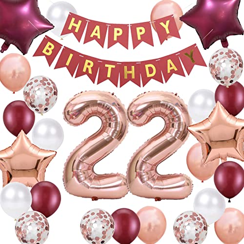 22. Geburtstag Party Dekorationen Roségold für Frauen, Happy Birthday Banner Rose Rot Zahl 22 Luftballons Stern Folienballons 22. Geburtstag Konfetti Ballons für Frauen 22 Jahre alt Geburtstagsfeier von Fechy