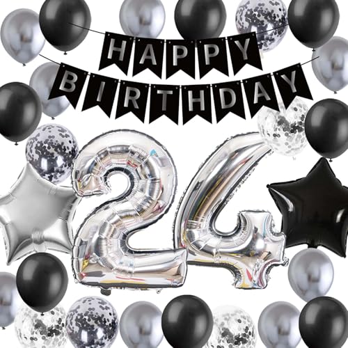24. Geburtstag Dekorationen für Männer und Frauen, Zahl 24 Folien-Geburtstagsballons Silber Schwarz Metallic Konfetti Latex Ballons 24. Happy Birthday Banner für Ihn Freund Sie 24 Jahre Geburtstag 24. Geburtstag Dekorationen für Männer und Frauen, Zahl 24 Folien-Geburtstagsballons Silber Schwarz Metallic Konfetti Latex Ballons 24. Happy Birthday Banner für Ihn Freund Sie 24 Jahre Geburtstag von Fechy
