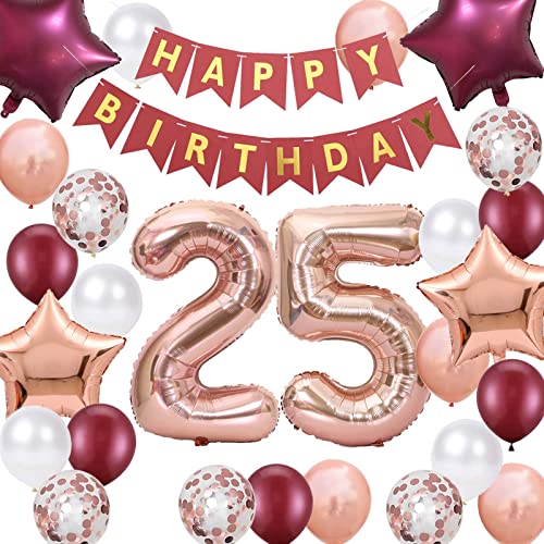 25.Geburtstag Party Dekoration Frauen, 25.Geburtstag Ballon Rosegold, Rosegold Red 25 Geburtstag Deko für Frau, Luftballon 25. Geburtstag Deko, Geburtstagsdeko 25 Jahr, 25 Ballon Rosegold Deko von Fechy