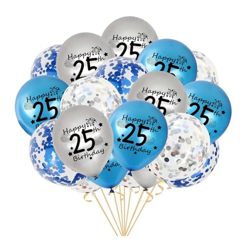 25.Geburtstag Luftballons für Männer, 20 Stück Blau Silber Happy 25.Geburtstag Latex Konfetti Ballon Bänder zum 25 Jahre Geburtstag Deko (25.) von Fechy