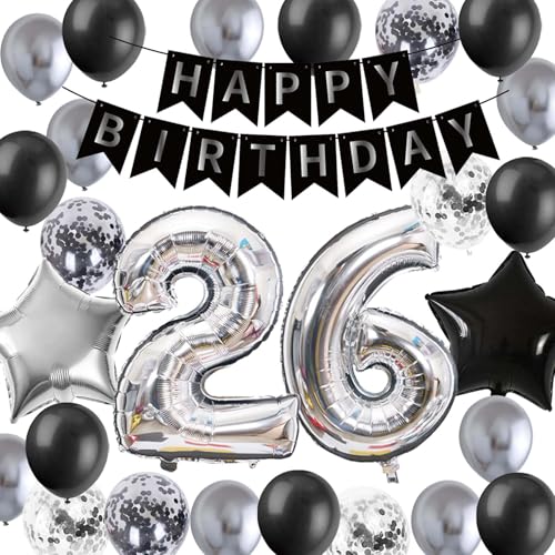 26. Geburtstag Dekorationen für, Schwarz 26. Geburtstag Banner Silber Stern Folienballons Metallic Silber Latex Konfetti Geburtstag Ballons für Männer Ihn 26 Jahre alt Geburtstag Supplies (26. 26. Geburtstag Dekorationen für, Schwarz 26. Geburtstag Banner Silber Stern Folienballons Metallic Silber Latex Konfetti Geburtstag Ballons für Männer Ihn 26 Jahre alt Geburtstag Supplies (26. von Fechy