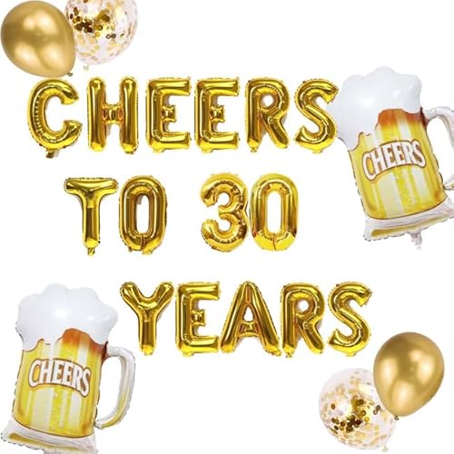 30.Geburtstag Mann Frau Deko Luftballons, Golden Cheers to 30 Years Luftballons Geburtstagdeko mit Goldene Bierkrug Folienballons Konfetti Ballons für Männer Frauen 30 Jahre Geburtstagsparty(30.) von Fechy