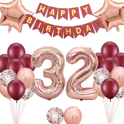 32. Geburtstag Dekoration für Frauen, Burgunderrot Rose Gold Happy 32nd Birthday Banner 32 Sterne Folienballons Konfetti Ballons für Sie Frauen 32 Jahre alt Party Supplies (32 32. Geburtstag Dekoration für Frauen, Burgunderrot Rose Gold Happy 32nd Birthday Banner 32 Sterne Folienballons Konfetti Ballons für Sie Frauen 32 Jahre alt Party Supplies (32 von Fechy