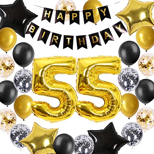 55. Geburtstag Dekorationen Schwarz-Gold für Männer Frauen, 55. Geburtstag Banner 55 Geburtstag Star Folie Konfetti Ballons für Cheers to 55 Jahre alt Geburtstag Party Dekorationen(55.) von Fechy