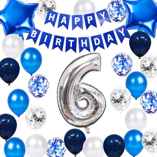 6. Geburtstag Party Dekoration Blau für Jungen, Happy Birthday Banner Blau Nummer 6 Geburtstag Stern Folienballons Latex Konfetti Ballons für Ihn Jungen 6 Jahre alt Geburtstagsbedarf (6. ) von Fechy