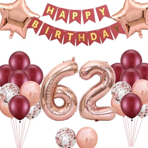 62.Geburtstag Luftballons, 62 Jahre Dekoration Frau, Happy 62 Birthday Banner Folie Luftballons Geburtstagdeko, 62 Geburtstag Deko Roségold für 62 Jahre alt Mutter Frauen(62.) von Fechy