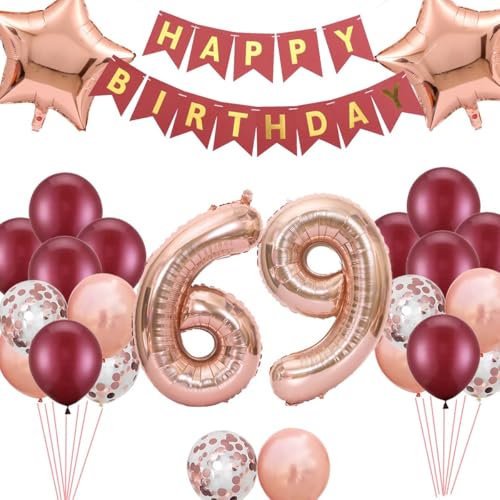 69.Geburtstag Dekoration, Luftballons 69. Geburtstag Deko, 69. Party Ballons Birthday Banner für 69 Jahre alt Frauen Roségold(69.) von Fechy