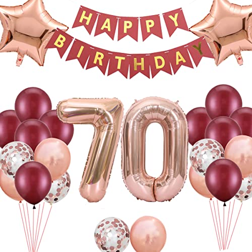 70. Geburtstags Dekorationen Windrot für Frauen, Happy Birthday Banner Nummer 70 Geburtstags Ballons Stern Folienballons Roségold Rot Konfetti Ballons für ihre Mutter 70 Jahre alt Geburtstag von Fechy