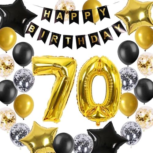 70.Geburtstag Dekorationen Schwarz Gold für Männer Frauen, Happy Birthday Banner Nummer 70 Geburtstag Ballons Stern Folienballons Konfetti Luftballons für Mama Papas 70 Jahre alt Geburtstag von Fechy