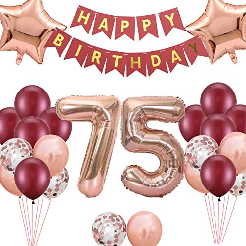 75. Geburtstags Dekorationen Windrot für Frauen, Happy Birthday Banner Nummer 75 Geburtstags Ballons Stern Folienballons Roségold Rot Konfetti Ballons für ihre Mutter 75 Jahre alt Geburtstag von Fechy