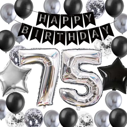 75.Geburtstag Dekorationen für Männer Frauen, 75 Geburtstag Deko, Luftballon 75. Schwarz Silber Happy Birthday Banner, 75 Jahre alt Geburtstagsdeko Ballons für Mama Papas(75.) von Fechy