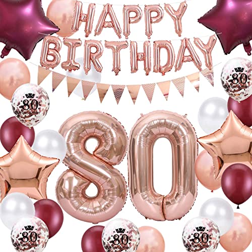 80. Geburtstag Dekorationen Weinrot Roségold für Frauen, Happy Birthday Ballon Wimpel Banner Nummer 80 Geburtstag Luftballons Wein Rot Star Folie Ballons Roségold für Mutter 80. Geburtstag von Fechy