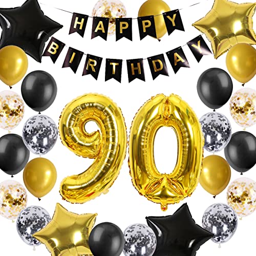 Luftballon 90. Geburtstag Schwarz Golden, Geburtstagsdeko 90 Jahr, Ballon 90. Geburtstag, Riesen Folienballon Zahl 90, Happy Birthday Banner 90, Ballon 90 Deko zum Geburtstag Mann Frau(90.) von Fechy