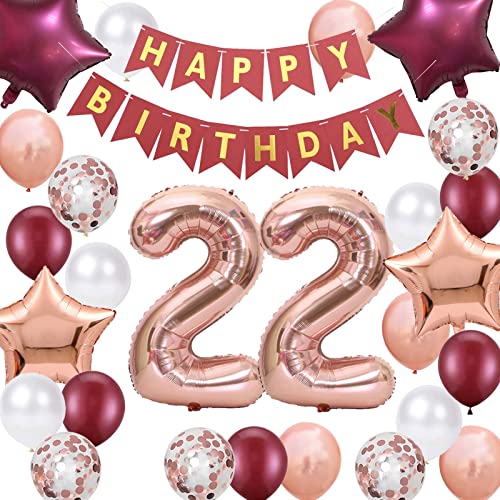 Burgunder 22. Geburtstag Deko für Frauen, 22. Rose Gold Geburtstag Dekoration, 22 Jahre Geburtstag Ballon-Set Frauen, 22. Folienballons Dekoration, alles Gute zum 22. Dekoration(22) von Fechy
