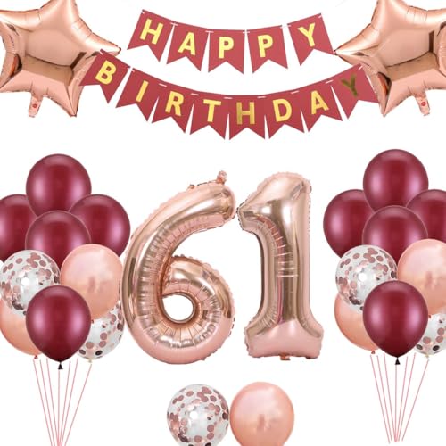 Dekorationen 61. Geburtstag, 61 Geburtstag Luftballons Roségold,Happy 61th Birthday Banner Konfetti Luftballons 61 Jahre alt Deko für Mutter(61.) von Fechy