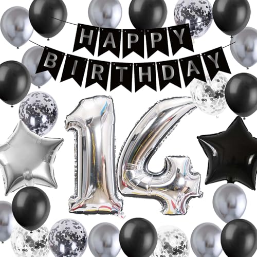 14. Geburtstag Dekoration Jungen 14 Jahre, 14. Ballon Silber Schwarz GeburtstagDekoration, Luftballon 14. Party Deko,14 Jahre Jungen Mädchen Geburtstag Deko(14.) von Fechy