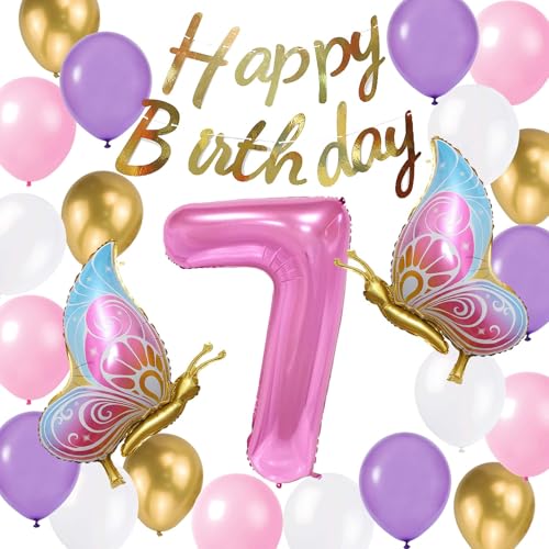 Geburtstagsdekorationen für Mädchen, bunte Schmetterlings-Themenballons, Banner zum 7. Geburtstag, Jumbo-Folienballons, Zahl 7, rosa und violett, Latex-Luftballons für 7 Jahre, Geburtstagsdekorationen für Mädchen, bunte Schmetterlings-Themenballons, Banner zum 7. Geburtstag, Jumbo-Folienballons, Zahl 7, rosa und violett, Latex-Luftballons für 7 Jahre, von Fechy