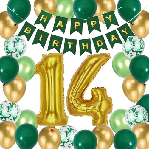 Luftballon 14. Geburtstag Dekor, Geburtstagsdekoration 14 Jahre Jungen, 14. Happy Birthday Banner Nummer 14 Folienluftballon Goldgrüner Metallic Latex Konfetti Ballon für 14 Jahre Geburtstag (14.) von Fechy