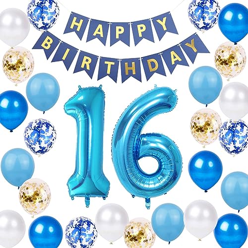 Luftballon 16. Geburtstag Blau Gold, 16 Jahr Geburtstagsdeko Junge, 16 Geburtstag Dekoration Blau, 16. Geburtstag Party Deko Jungen Blau Gold, 16. Geburtstag Deko Mädchen Jungen(16.) von Fechy