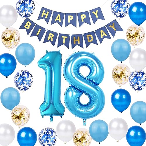 Luftballon 18. Geburtstag Blau Gold, 18 Jahr Geburtstagsdeko Junge, 18 Geburtstag Dekoration Blau, 18. Geburtstag Party Deko Jungen Blau Gold, 18. Geburtstag Deko Mädchen Jungen(18.) von Fechy
