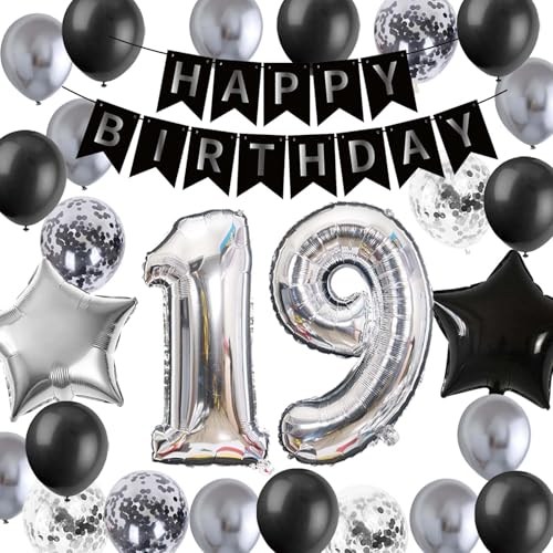 Luftballon 19. Geburtstag Deko, Schwarz 19. Banner Metallische Silber Konfetti Ballons Nummer 19 Folienluftballon für Männer 19. Geburtstag Party Ihn 19. Party Dekoration(19.) von Fechy