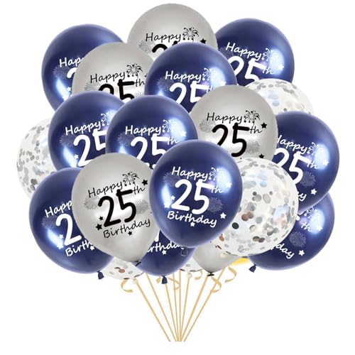 Luftballon 25. Geburtstag Party Dekoration Frauen Männer, Marineblau Silber Geburtstagsdeko 25 Jahr, 21 Stück Happy 25. Birthday Ballons Deko zum Geburtstag für Männer Frauen(25.) von Fechy