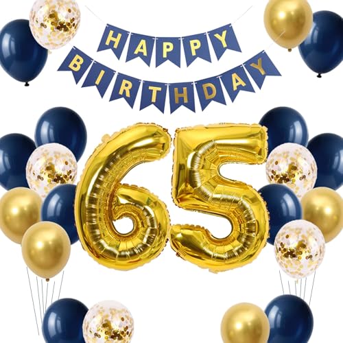 Luftballon 65. Geburtstags Deko Marineblau-Gold für Frauen Männer, 65. Marineblau Geburtstags Banner Gold Konfettiballons 65. Geburtstagsparty Dekoration für 65 Jahre alt Papa Mama(65) von Fechy