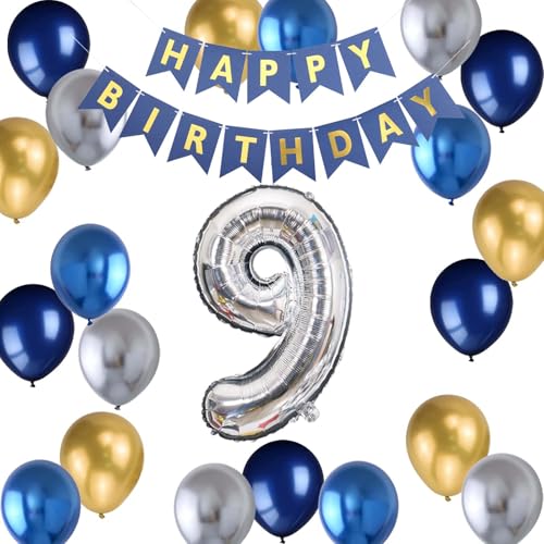 Luftballon 9. Geburtstag Party, Blau Happy 9. Birthday Banner Silber Nummer 9 Folie Latex Luftballons Geburtstagsdekoration für Jungen Sohn 9 Jahre alt Deko zum Geburtstag (9.) von Fechy
